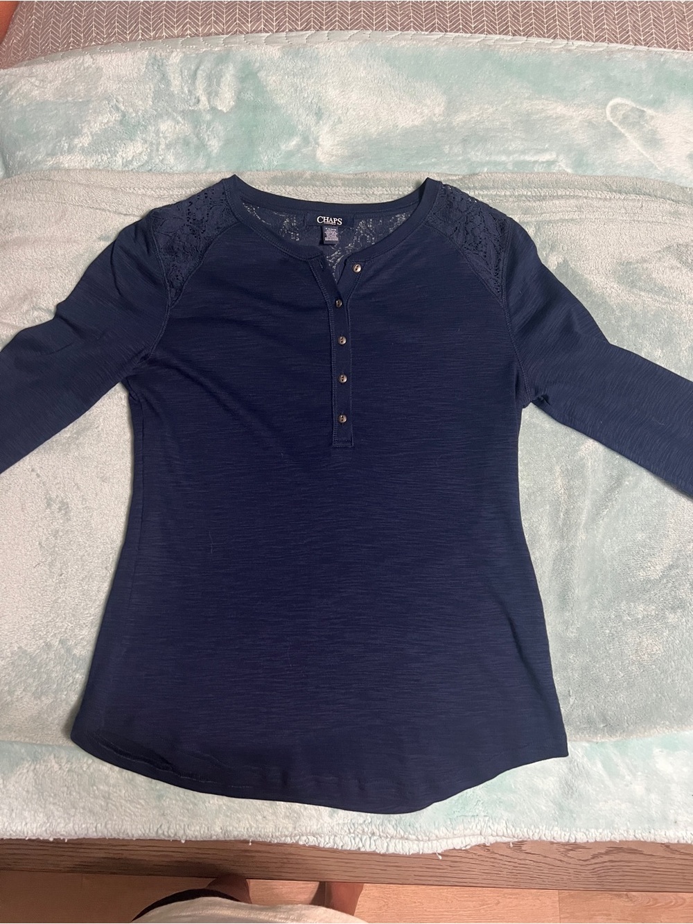 Chaps Navy Lace-Shoulder Henley Long Sleeve Top